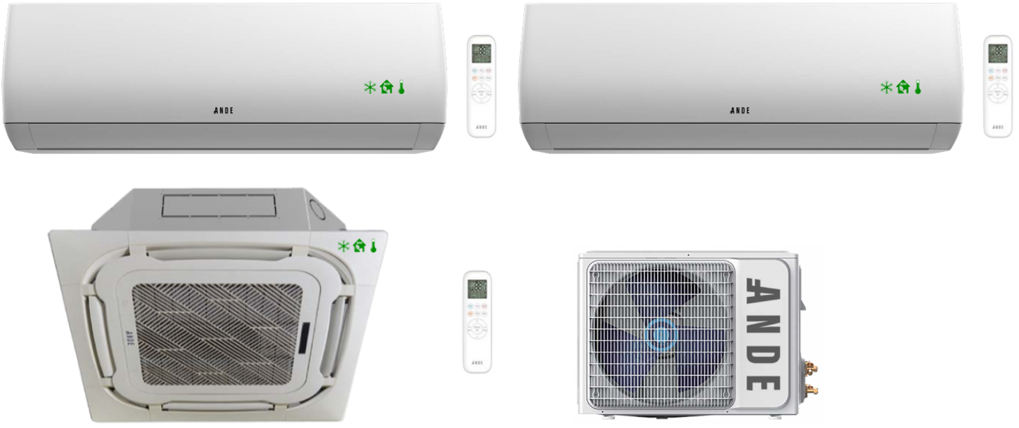 ANDE Multiset 2x AND-AMWM-H12(JA) 3,5 kW + AND-AMCA-H09-3B 2,8 kW Durch den Kauf dieses Produkts erhalten Sie: - 1 x 7,9 kW AND-AM3-H27/4DR3 Außengerät- 2 x Wand-Innengerät JUPITER+ 3.5 AND-AMWM-H12(JA)- 1 x Kassetten-Innengerät 2,8 AND-AMCA-H09-3B- 